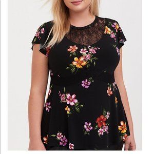 Torrid BLACK FLORAL LACE YOKE PEPLUM TOP